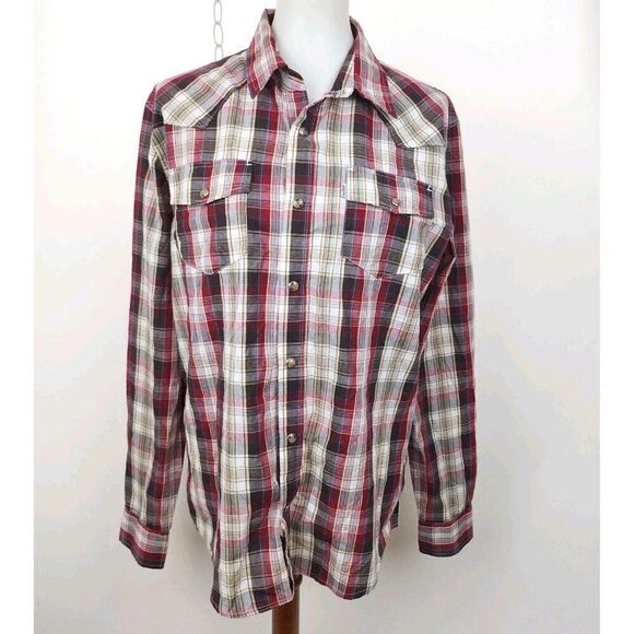 Levi’s Pearl Snap Shirt Button Down Collar Shirt Red Plaid Western Cowboy Mens M - Picture 1 of 6
